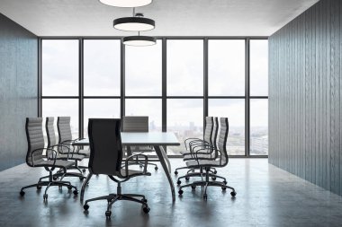 Panoramik kent manzaralı, lambalar ve mobilya modern toplantı odası iç. 3D render 