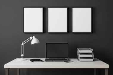 Boş dizüstü bilgisayar ve beton duvar üzerinde billboard modern iç. Dekor ve web tasarım konsepti. Alay etmek yukarıya, 3d render 