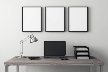 Modern iç boş dizüstü bilgisayar ve beton duvar karede. Dekor ve web tasarım konsepti. Alay etmek yukarıya, 3d render 