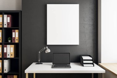 Çağdaş iç boş dizüstü bilgisayar ve beton duvar üzerinde billboard. Dekor ve web tasarım konsepti. Alay etmek yukarıya, 3d render 