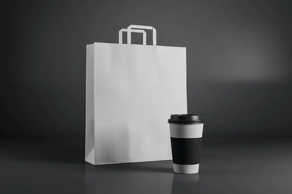 Leere Weiße Einkaufstasche Und Kaffeetasse Auf Dunklem Hintergrund Essen Zum — Stockfoto