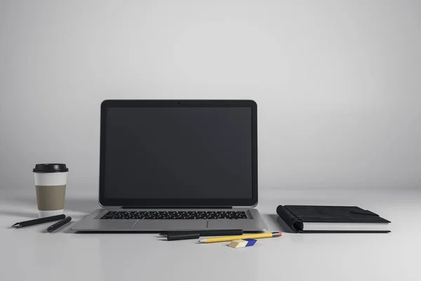 Desktop Empty Laptop Screen Supplies Coffee Cup Web Design Concept — Stock Photo, Image