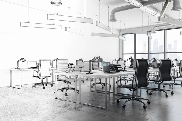 Moderno Escritório Coworking Interior Com Mobiliário Equipamentos Vista Para Cidade — Fotografia de Stock