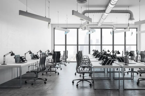 Ofis iç mobilya, ekipman ve şehir manzaralı coworking beton. 3D render 