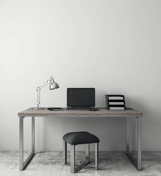 Beyaz iç üstünde resepsiyon ve kopya yer beton duvar üstünde boş dizüstü bilgisayar ile. Alay etmek yukarıya, 3d render 