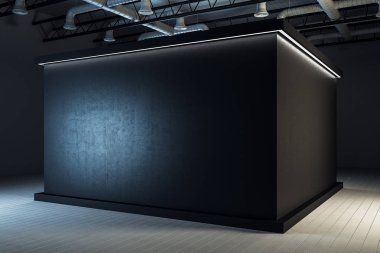 Endüstriyel siyah sergi salonu iç kopya alanı ile. Müzesi, sanat ve Galeri kavramı. Alay etmek yukarıya, 3d render 