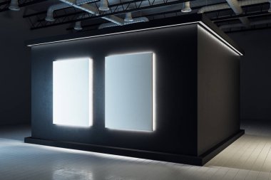 Çağdaş siyah sergi salonu iç kopya alanı ile. Müzesi, sanat ve Galeri kavramı. Alay etmek yukarıya, 3d render 