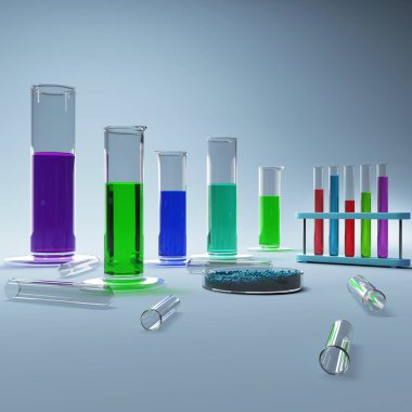 Gri duvar kağıdı üzerinde renkli laboratuar ekipmanları. Bilim ve tıp kavramı. 3D render 