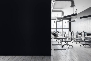 Modern ofis iç kopya alanı beton duvar ile coworking. Alay etmek yukarıya, 3d render 