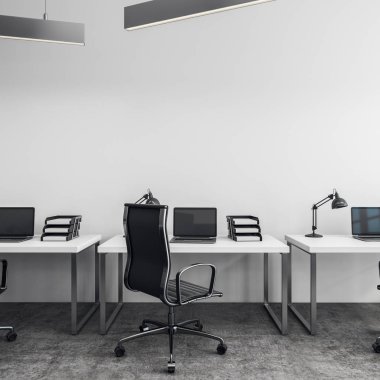 Beyaz ofis iç çalışma alanı ve kopya alanı beton duvar ile. Alay etmek yukarıya, 3d render 