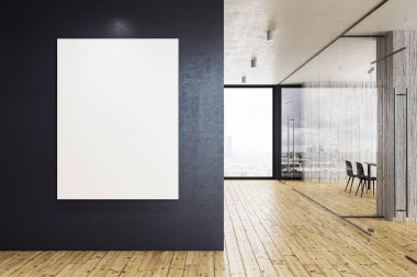 Gün ışığı ve boş poster duvar ile modern cam ofis koridor. Alay etmek yukarıya, 3d render 