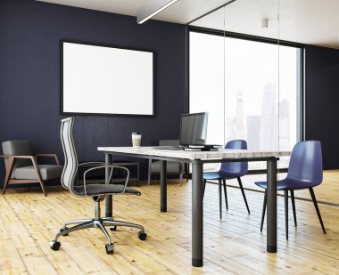 Modern parlak ofis iç çalışma alanı ve boş afiş Duvar ile. Alay etmek yukarıya, 3d render 