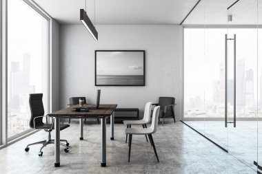 Beton ofis iç panoramik kent manzaralı ve resim. 3D render 