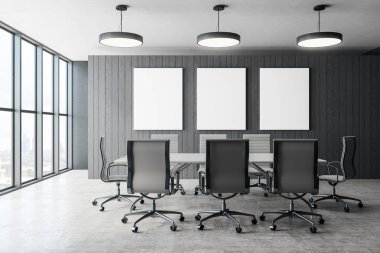 Boş afiş, panoramik kent manzaralı ve mobilya modern konferans odası iç. Sunumu ve tartışma kavramı. Alay etmek yukarıya, 3d render