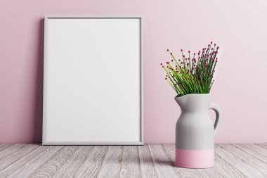 Modern vazo poster ve kopya alanı pembe duvar zemin üzerine çiçekli. iç dekor tasarım. Alay etmek yukarıya, 3d render 