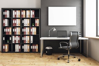Modern ofis iç çalışma alanı ve boş afiş Duvar ile. Alay etmek yukarıya, 3d render 