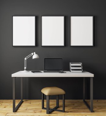 Modern iç boş dizüstü bilgisayar ve beton duvara afiş. Dekor ve web tasarım konsepti. Alay etmek yukarıya, 3d render 