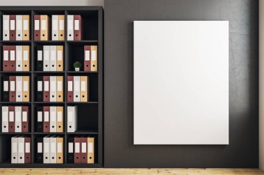 Modern ofis oda iç belge raflar ve boş Pano beton duvar ile. Alay etmek yukarıya, 3d render 