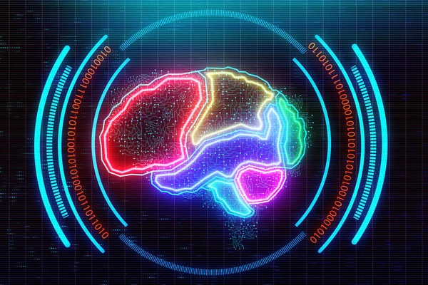 Parlak renkli dijital beyin zemin. AI ve teknoloji kavramı. 3D render 