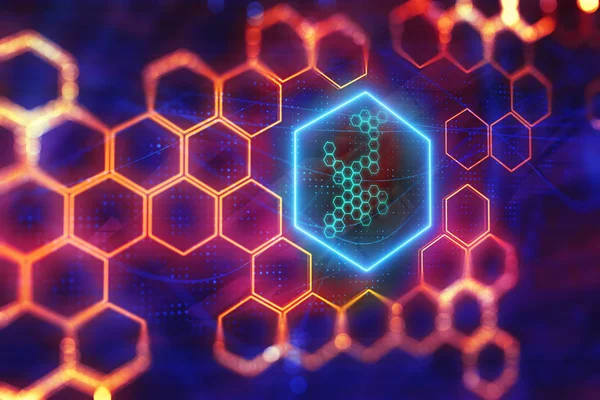 Creative glowing digital red hexagon backdrop. Science and design concept. 3D Rendering