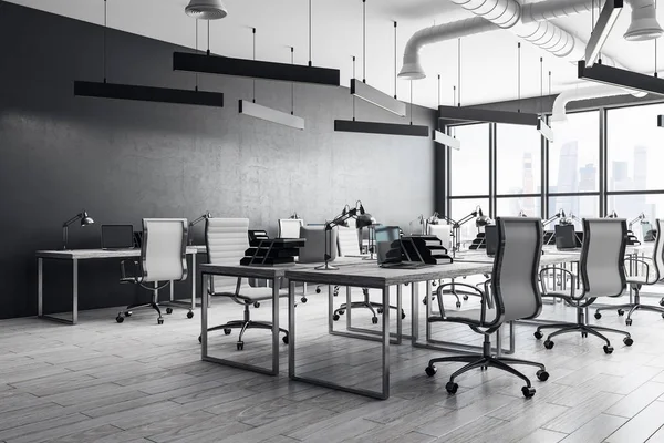 Modern ofis iç mobilya ve ekipmanları ile coworking. İşyeri ve tasarım kavramı. 3D render 