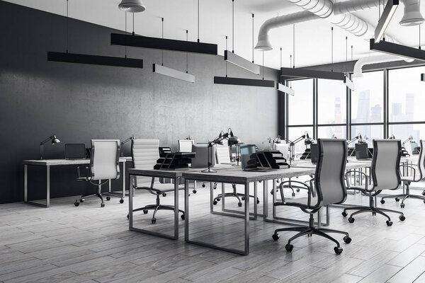 Modern coworking office interior with furniture and equipment. Workplace and design concept. 3D Rendering 