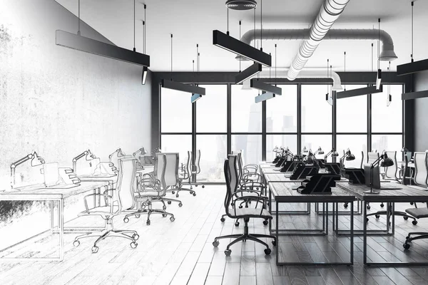 Modern Office Interior Sketch Design Engineering Blueprint Concept Rendering — Stock Photo, Image