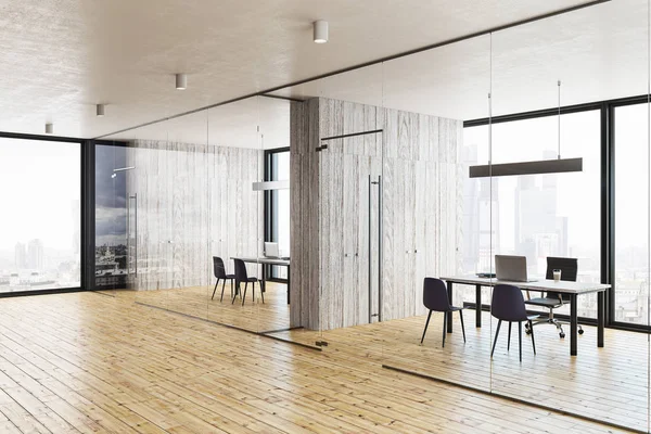 Panoramik kent manzaralı modern cam ofis koridor. 3D render 