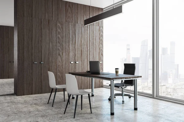 Wooden office interior with panoramic ctiy view, workplace and copy space on wall. 3D Rendering