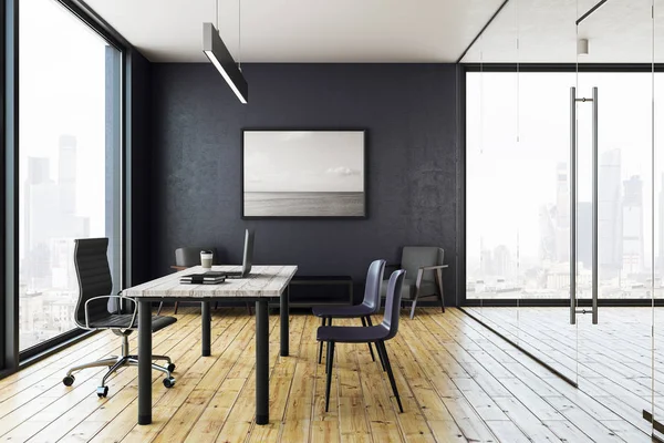 Modern ofis iç panoramik kent manzaralı ve resim. 3D render 