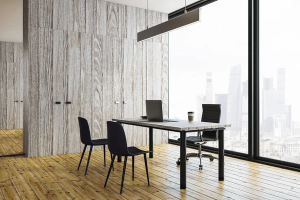 Moderne Büroeinrichtung Mit Panoramablick Arbeitsplatz Und Kopierraum Der Wand Darstellung — Stockfoto
