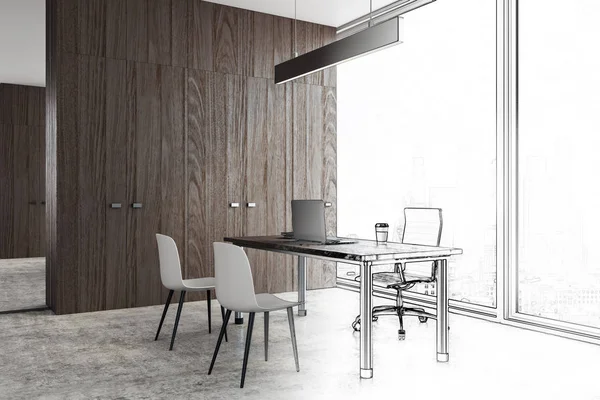 Nya Office Interiör Skiss Design Teknik Och Blueprint Koncept Rendering — Stockfoto
