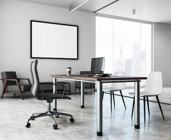 Modern bright office interior with workspace and empty billboard on wall. Mock up, 3D Rendering