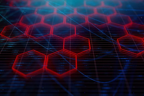 Creative glowing digital red hexagon background. Science and design concept. 3D Rendering