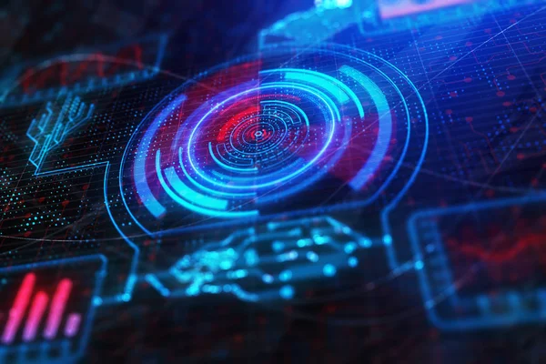 Gelecek, yenilik ve hud kavramı. Parlak renkli dijital iş arayüzü arka plan. 3D render 