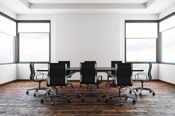 Çağdaş oda iç mobilya ile Toplantı, panoramik şehir manzaralı ve kopya alanı duvarda. Alay etmek yukarıya, 3d render 