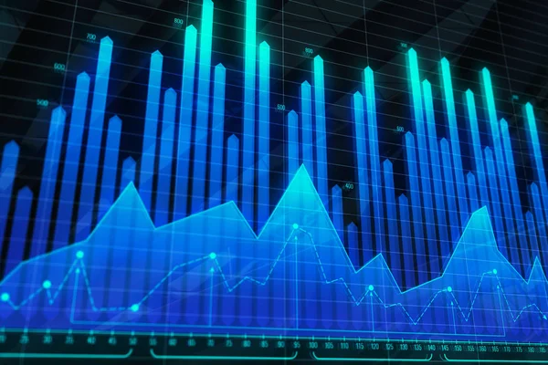 Hatları ile parlayan mavi forex duvar kağıdı. Teknoloji, geleceğin tahminine, ticaret ve yatırım kavramı. 3D render 