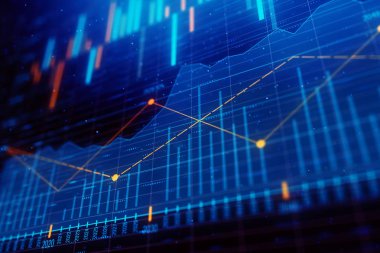 Yaratıcı parlayan forex grafik çizgileri ve çubukları ile koyu zemin üzerinde. Yatırım ve bankacılık kavramı. 3D render 