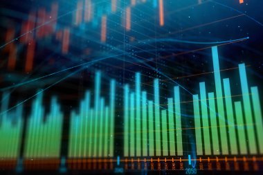 Yaratıcı parlayan forex grafik çizgileri ve çubukları ile koyu zemin üzerinde. Yatırım ve ticaret kavramı. 3D render 