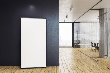 Gün ışığı ve boş Pano Duvar ile modern cam ofis koridor. Alay etmek yukarıya, 3d render 