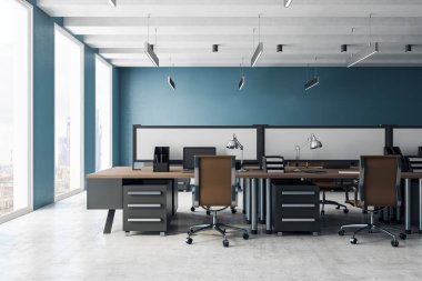 Şık ofis iç panoramik kent manzaralı coworking. Stil, tasarım ve iş yeri kavramı. 3D render 