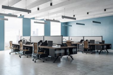 Modern ofis iç panoramik kent manzaralı coworking. Stil, tasarım ve iş yeri kavramı. 3D render 