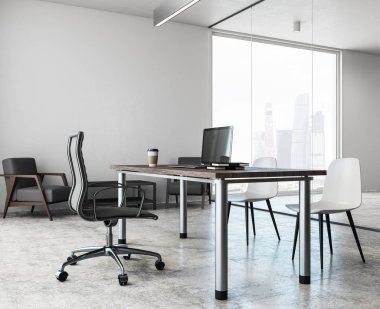 Beton ofis iç duvar üzerinde panoramik ctiy görünümü, İşyeri ve kopya alanı ile. 3D render 