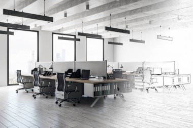 Çağdaş ofis iç taslağını. Mimari ve tasarım kavramı. 3D render 