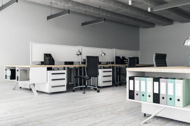 Çağdaş coworking yan görünüm office iç. 3D render 