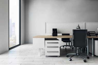 Minimalist Ofis iç panoramik kent manzaralı coworking. Stil, tasarım ve iş yeri kavramı. 3D render 