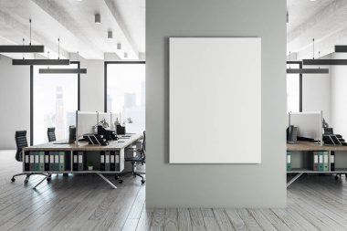 Çağdaş coworking iç mobilya, gün ışığı ve boş afiş. Reklam kavramı. Alay etmek yukarıya, 3d render 