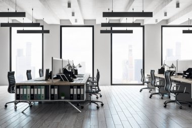 Ofis iç panoramik kent manzaralı temiz coworking. Stil, tasarım ve iş yeri kavramı. 3D render 
