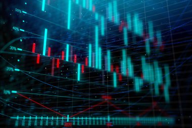 Yaratıcı parlayan forex grafik çizgileri ve çubukları ile koyu arka plan üzerinde. Yatırım ve analytics kavramı. 3D render 