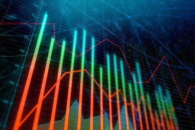 Yaratıcı parlayan forex grafik çizgileri ve çubukları ile koyu arka plan üzerinde. Yatırım ve para birimi döviz kavramı. 3D render 